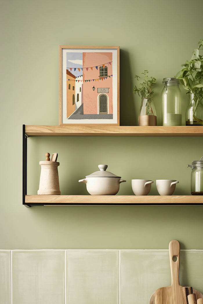Abstract painting of a colorful Mediterranean street scene framed and displayed in a modern kitchen setting