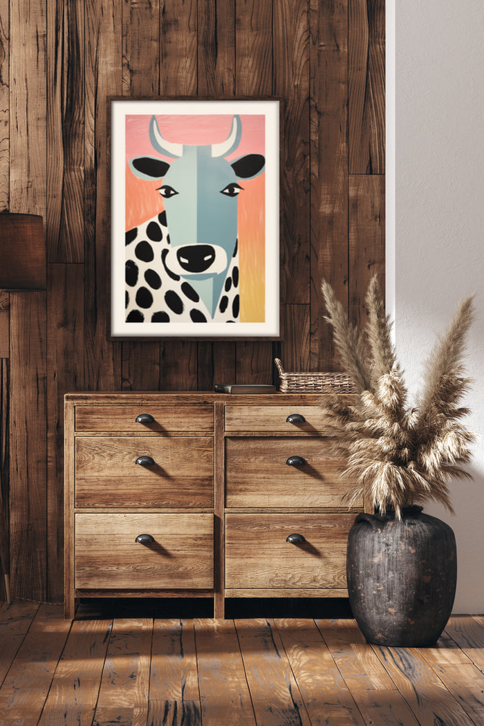 Colorful stylized cow art poster displayed in a wooden frame above a rustic wooden cabinet