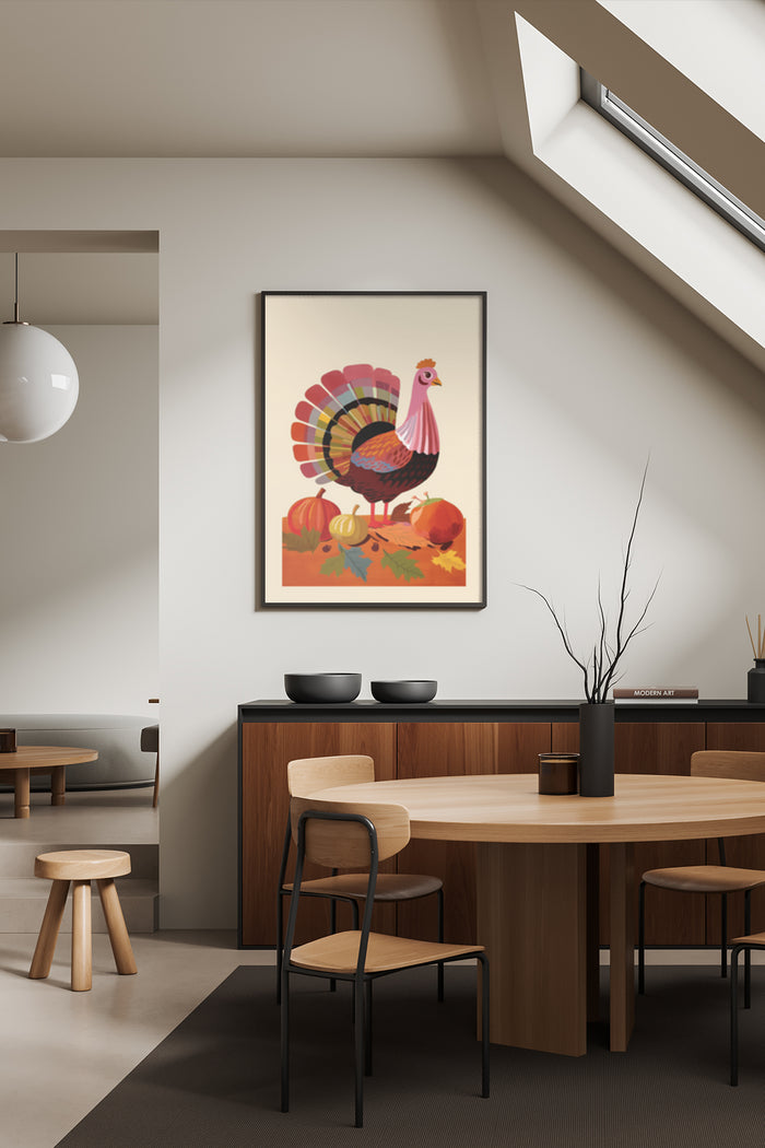 Colorful illustrated Thanksgiving poster with turkey and pumpkins in modern dining room setting