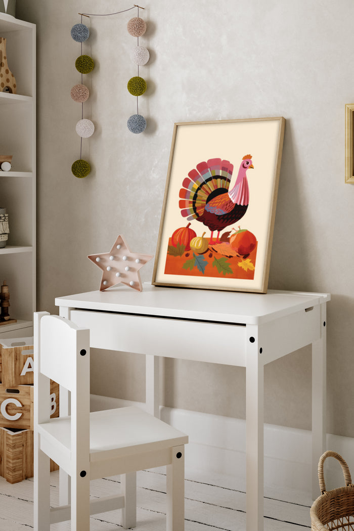Colorful Thanksgiving turkey illustration poster with pumpkins and autumn leaves, displayed in a children's nursery room