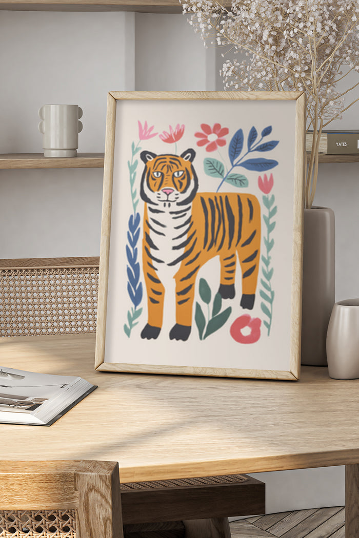 Illustrated Colorful Tiger with Flowers Poster Art in Modern Home Decor Setting