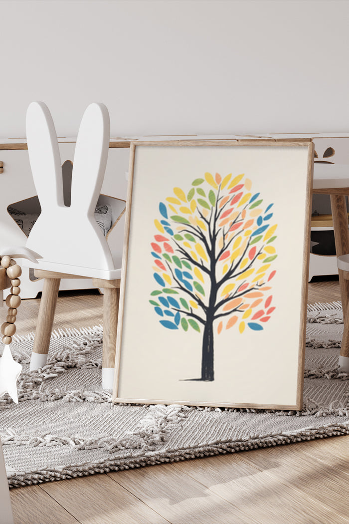 Colorful abstract tree artwork on poster displayed in a modern living room setting