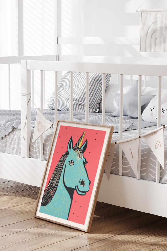 Stylish colorful unicorn poster leaning against a crib in a modern nursery room