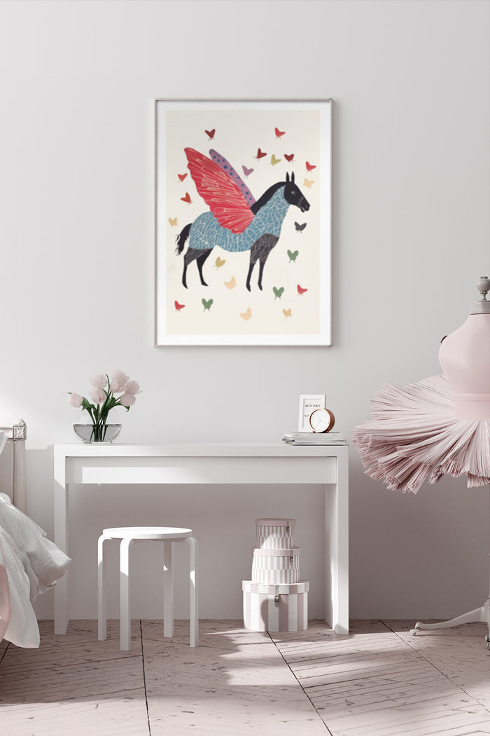 Colorful Illustrated Unicorn with Wings Art Poster Surrounded by Butterflies in a Modern Bedroom Setting