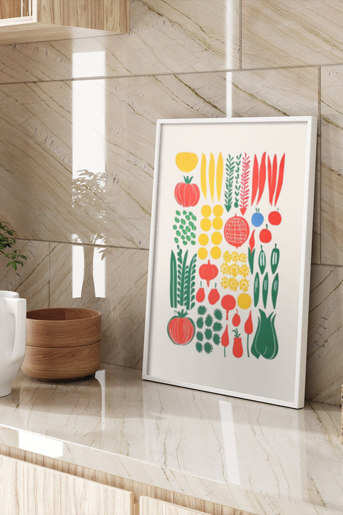 Modern colorful vegetable icons artwork poster in interior setting