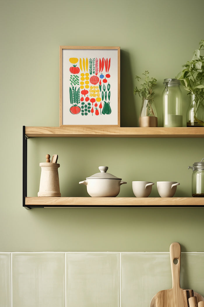 Colorful illustrated vegetable poster in a kitchen setting with wooden shelf and modern ceramic dishes