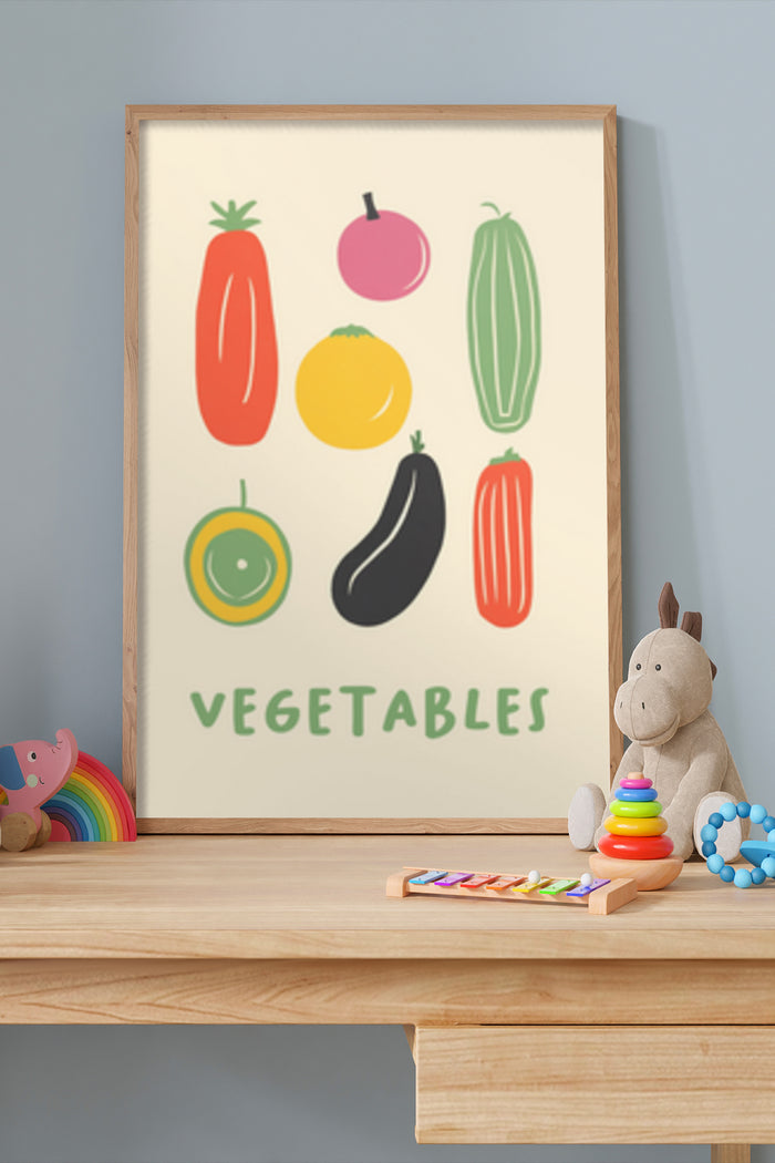 Colorful illustrated vegetable poster for children's room decoration featuring tomatoes, radishes, cucumbers, pumpkins, eggplants, and peppers