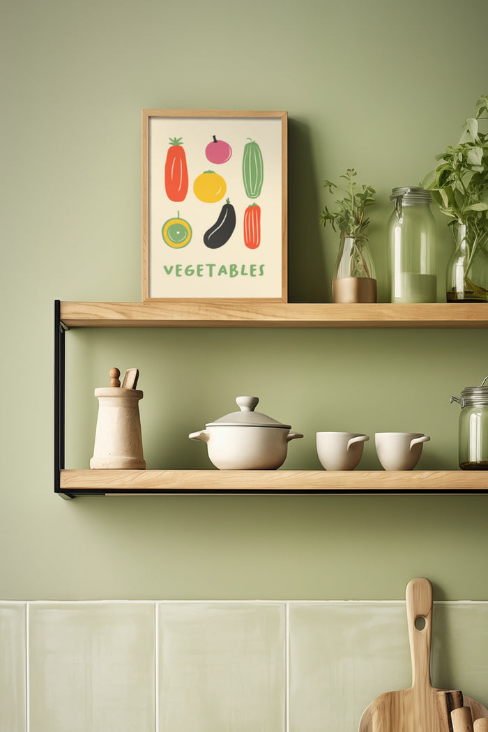 Colorful vegetable artwork in a kitchen setting with shelves and ceramic cookware