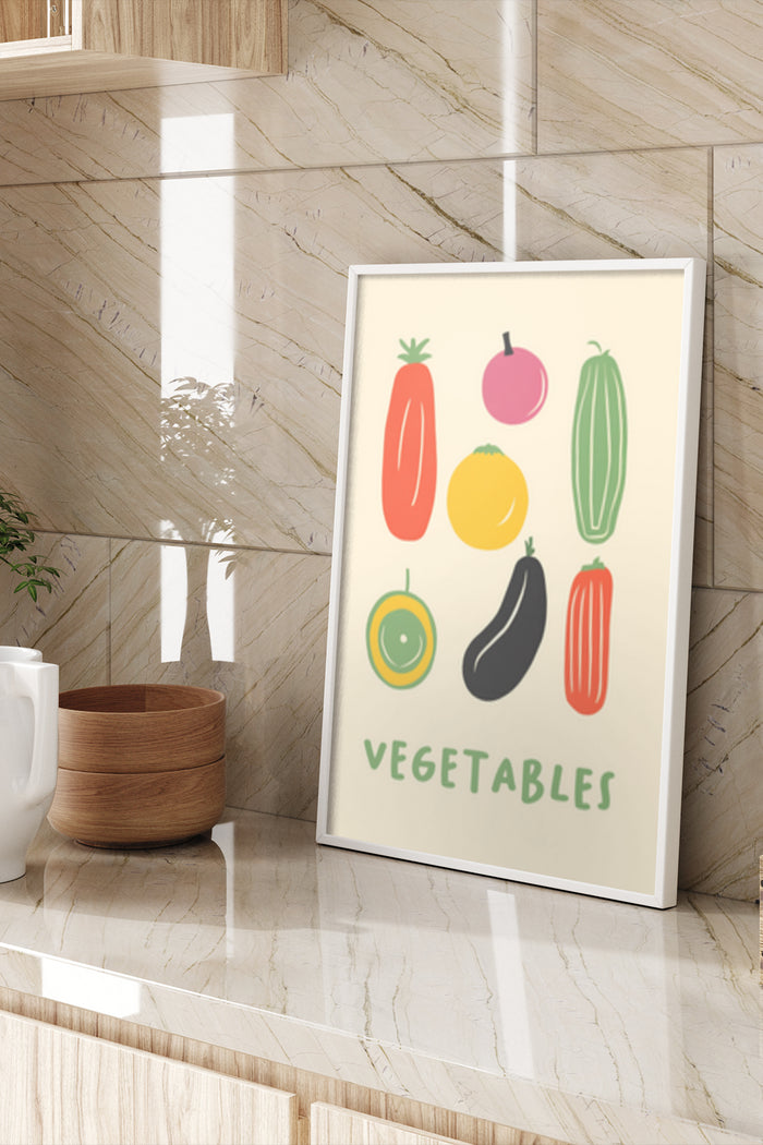 Colorful illustrated poster with various vegetables including a tomato, onion, cucumber, lemon, olive, eggplant, and pepper with the word 'Vegetables' displayed