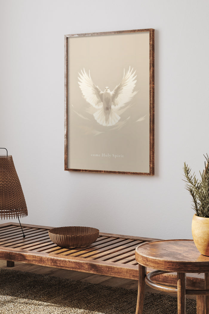 Minimalistic 'Come Holy Spirit' dove poster framed on a home interior wall