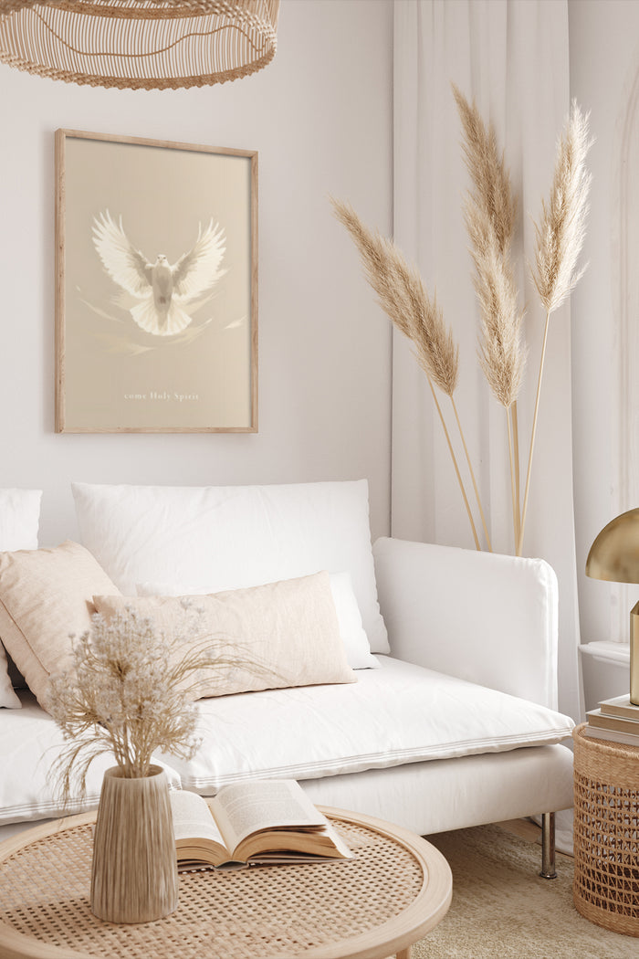 Elegant modern living room decor featuring 'Come Holy Spirit' dove poster, beige cozy sofa, and decorative pampas grass