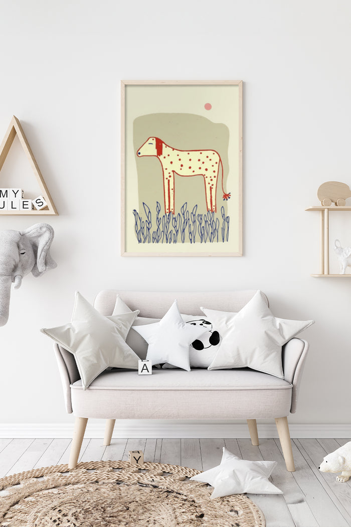 Modern whimsical illustration of a red spotted dog in a decorative home setting