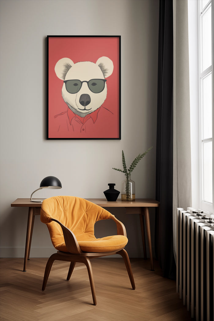 Stylish poster of a panda wearing sunglasses and red shirt, displayed in a contemporary room setting