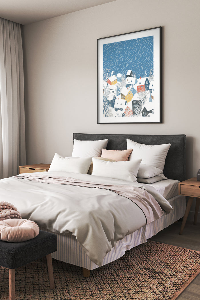 Stylized winter village poster framed on the wall in a cozy modern bedroom interior