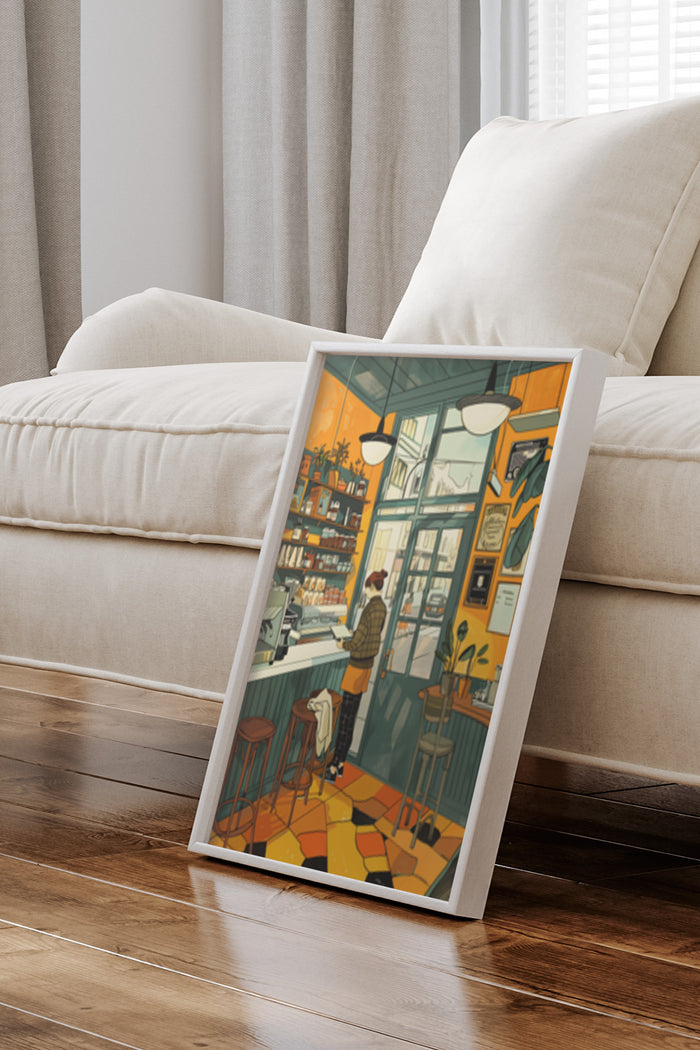 Stylish modern cozy cafe interior artwork poster leaning against wall in a contemporary home decor setting