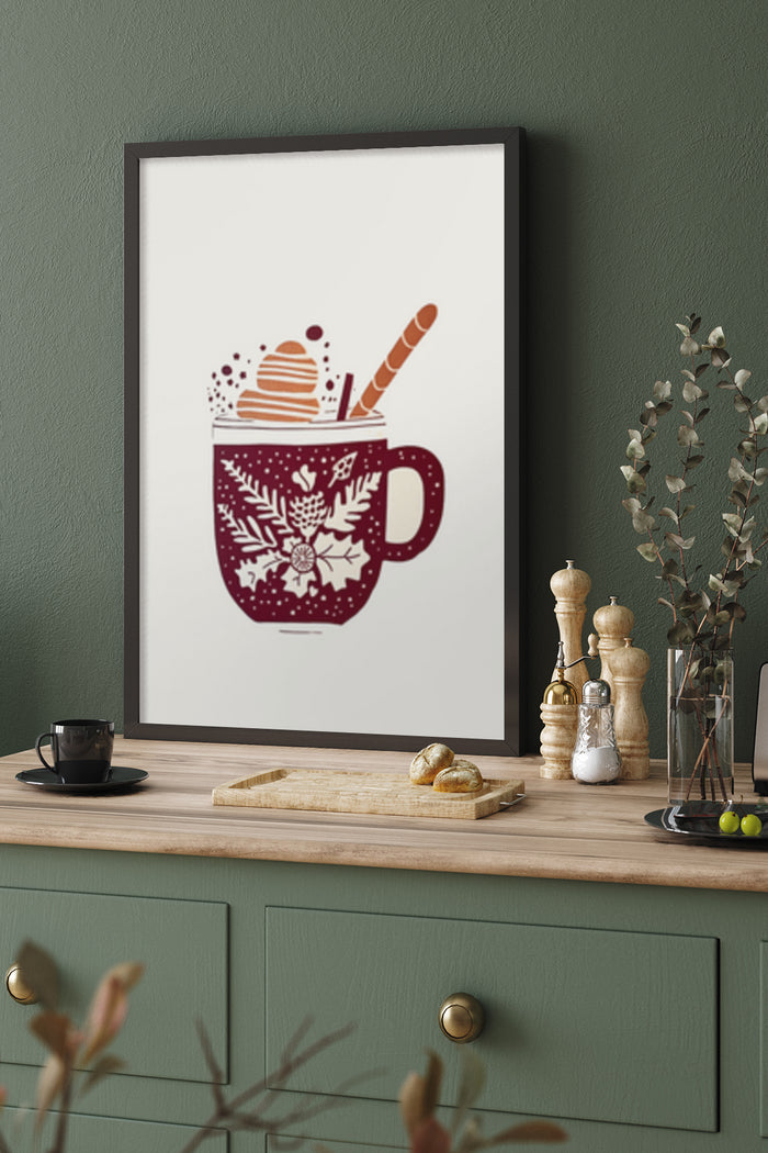 Cozy winter coffee mug with festive decoration printed poster in a stylish kitchen interior