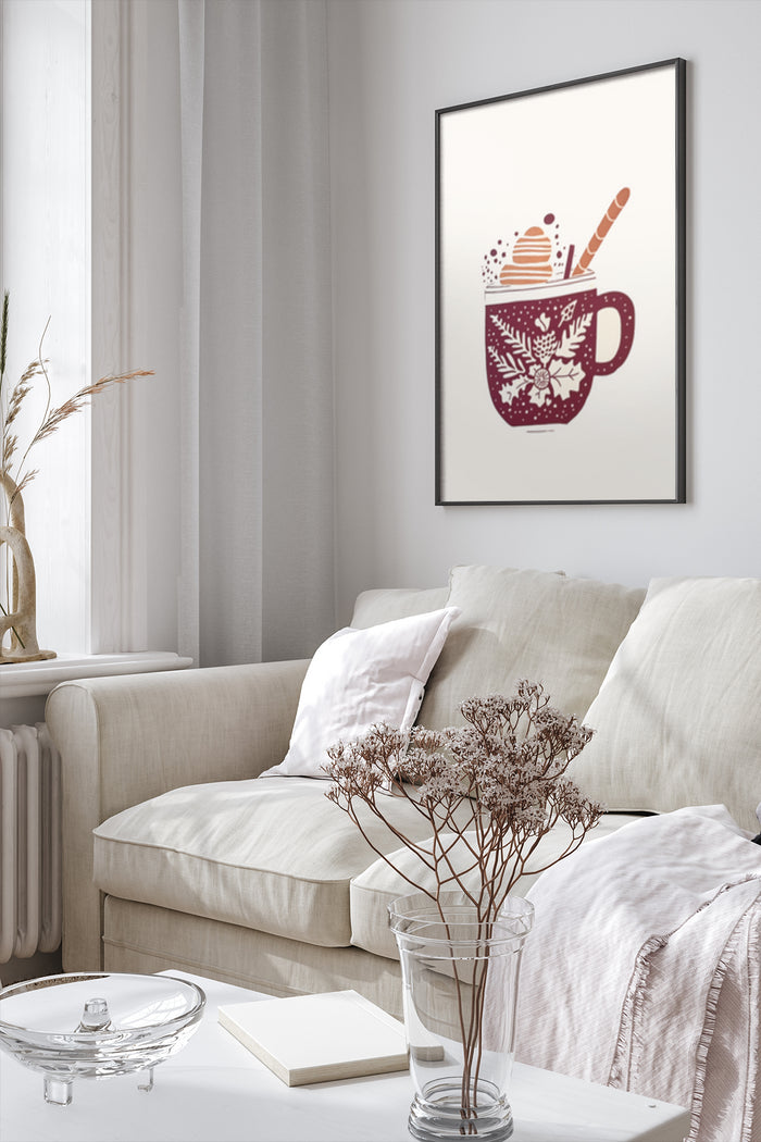 Cozy winter coffee mug with festive decorations artwork in a modern living room