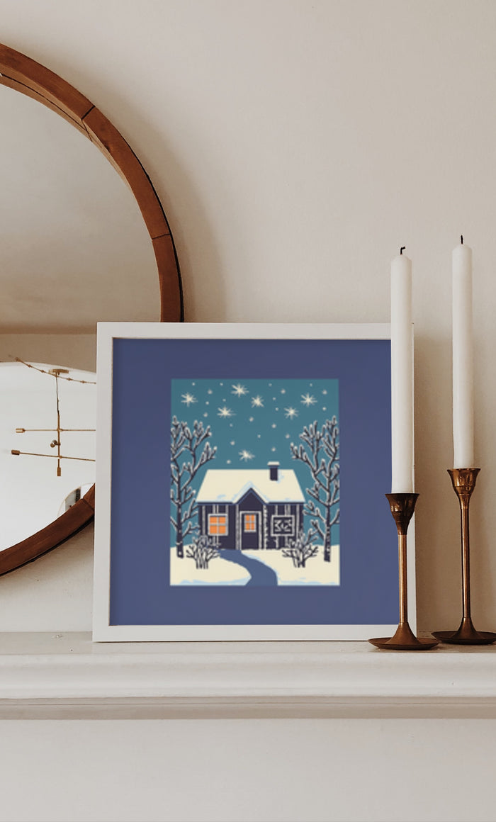 Framed poster of cozy winter home with snow and stars artwork on mantel
