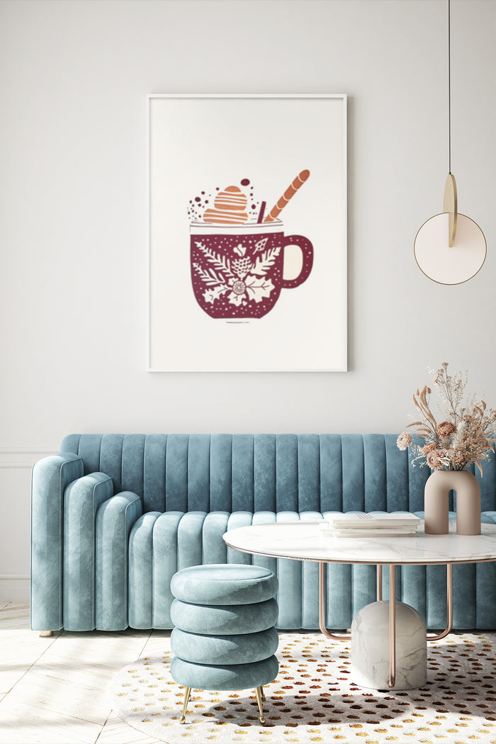 Cozy winter-themed mug with decorative patterns art poster in modern living room