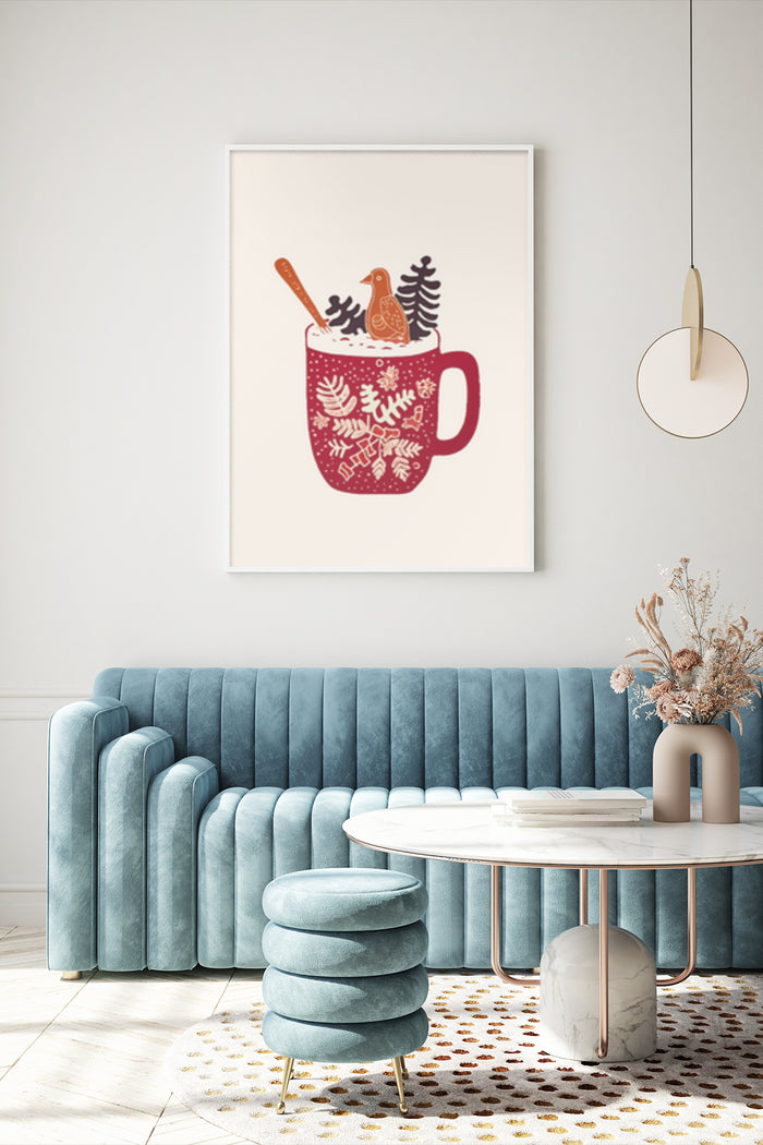 Cozy winter-themed red mug with festive decorations and two birds, poster artwork displayed in modern living room