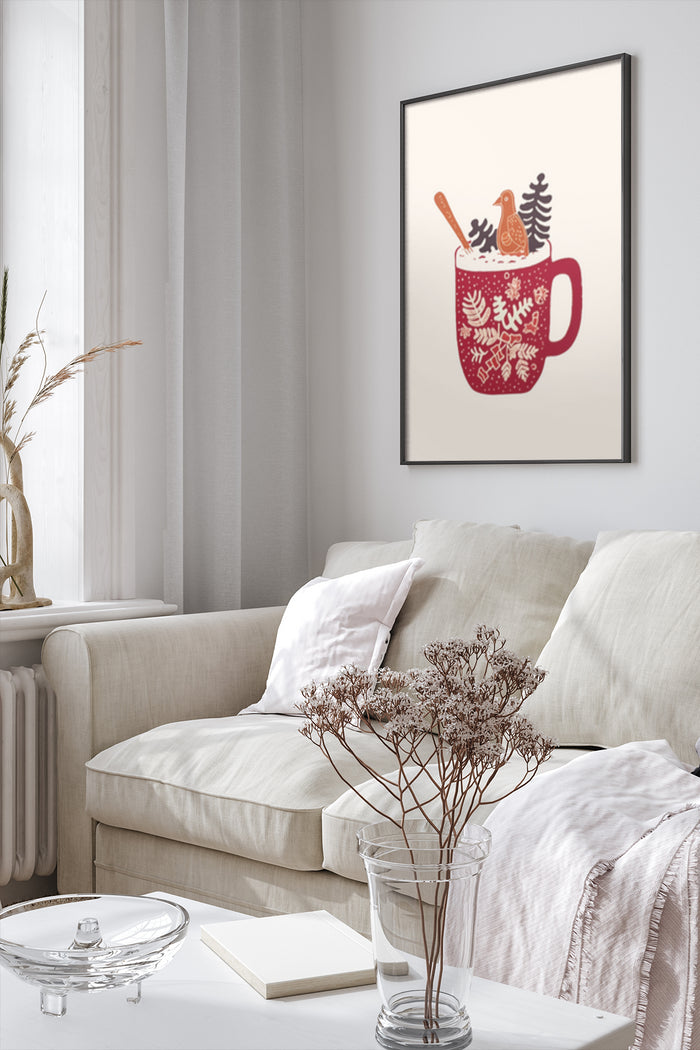Cozy winter themed wall art featuring a decorative mug with birds and snowflakes in a stylish living room