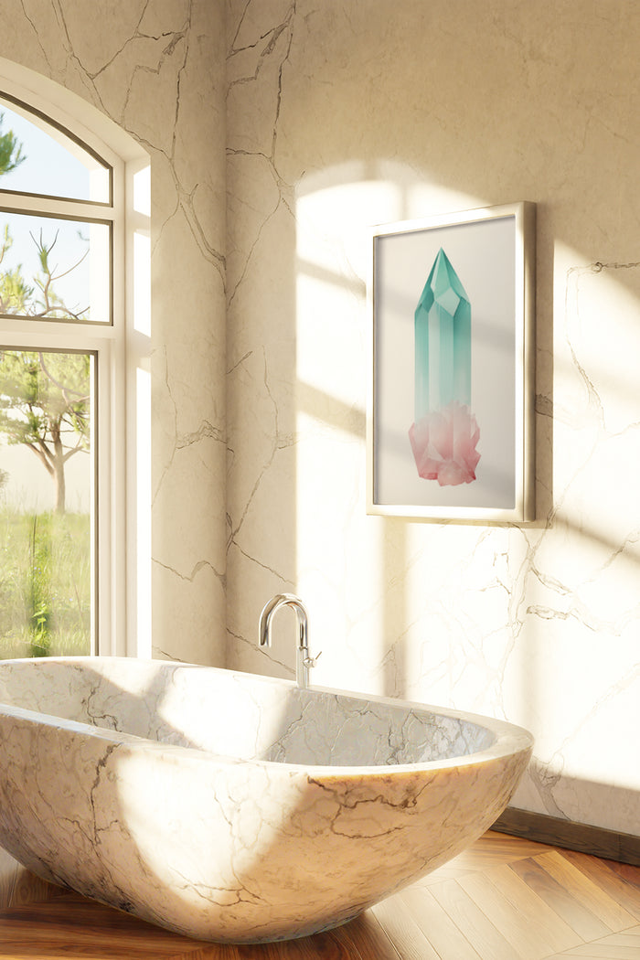 Modern crystal over pink flower artwork poster in a sunlit bathroom interior