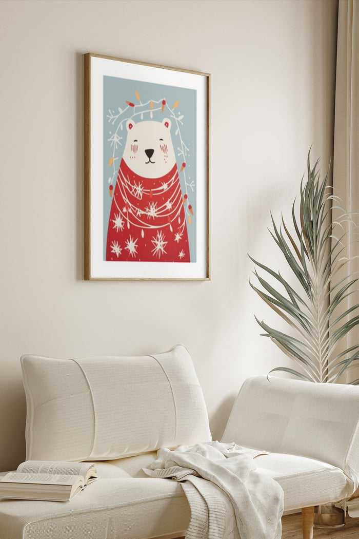 Cute cartoon polar bear with Christmas lights and red winter sweater poster in a modern living room