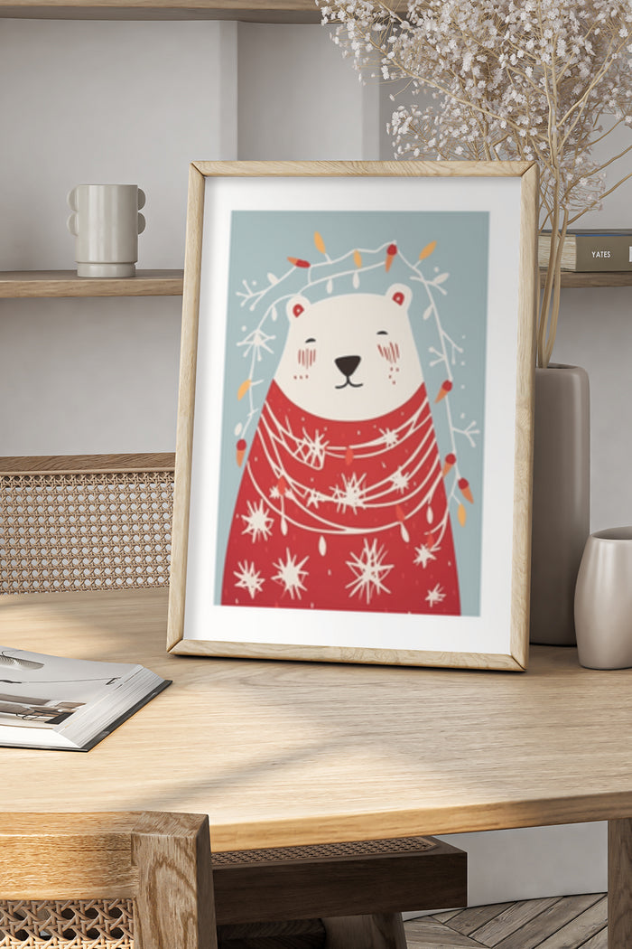 Illustrated poster of a cute bear with winter theme and festive lights on display
