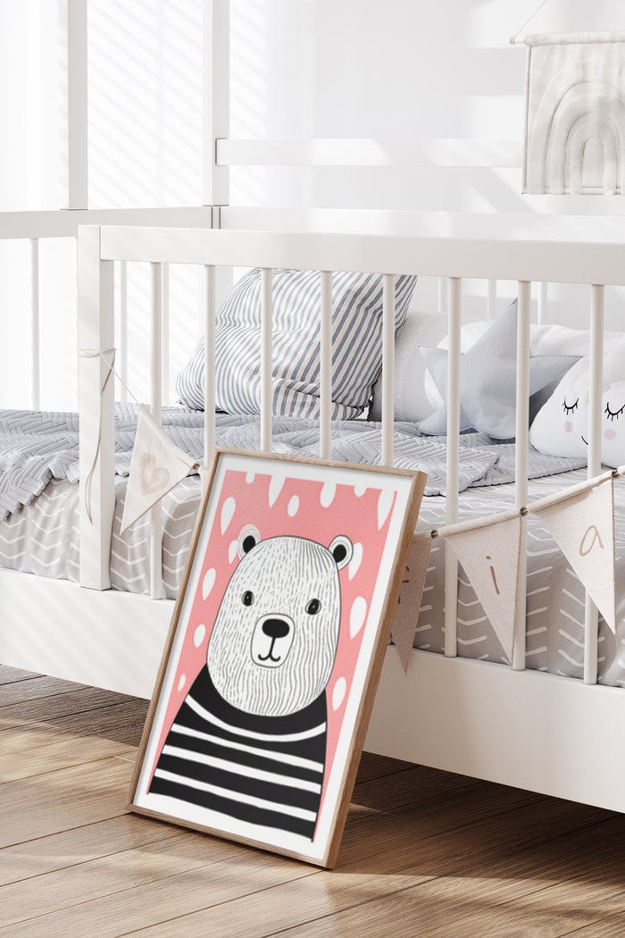 Cute cartoon bear poster with pink polka dot background in a modern children's bedroom setting