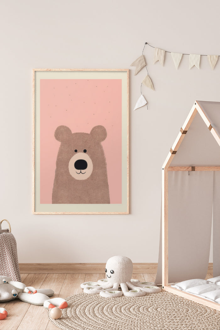Adorable cartoon bear poster framed in children's room with stylish decor
