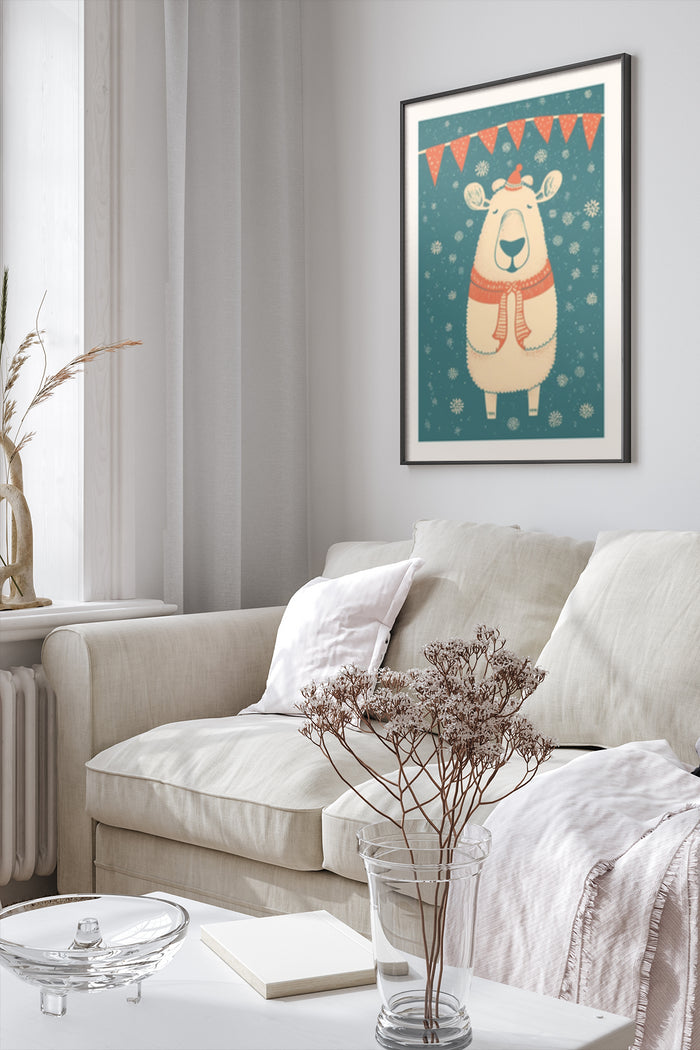 Cartoon bear in a winter scene with festive decorations and snow illustration poster