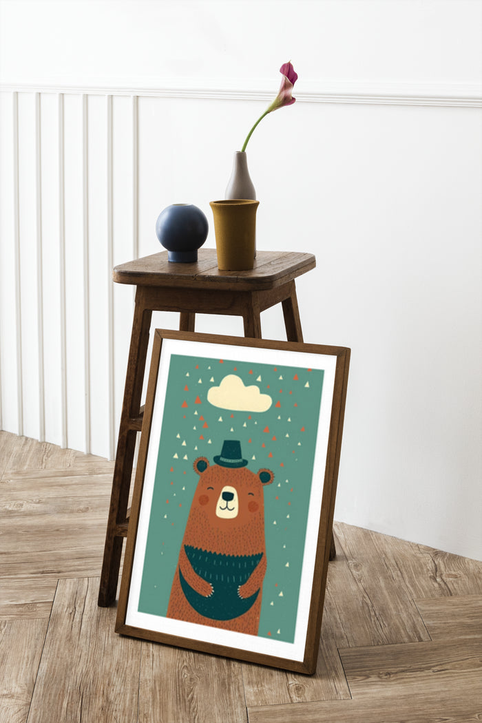 Cartoon illustrated poster art of a smiling bear wearing a hat with clouds and geometric shapes in background
