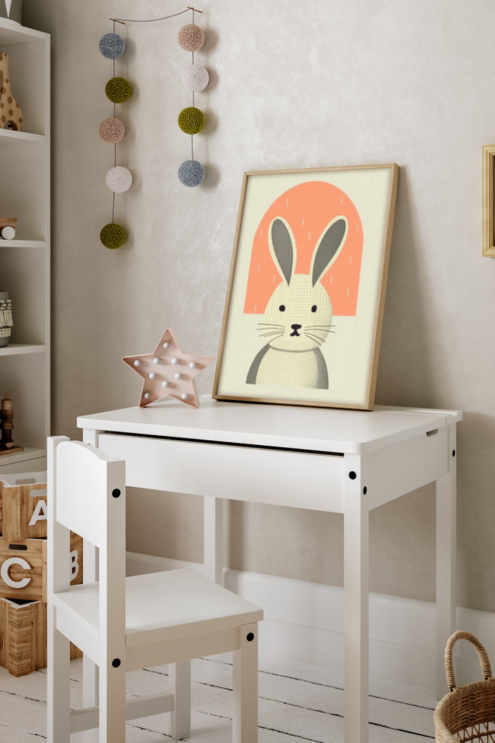Illustrated Cute Bunny Poster Framed in a Children's Room with Decorative Elements