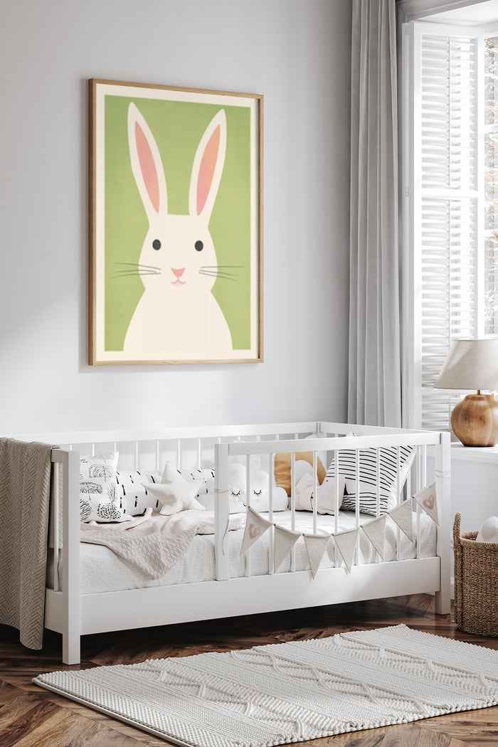 Cute white bunny poster on green background as nursery room wall art