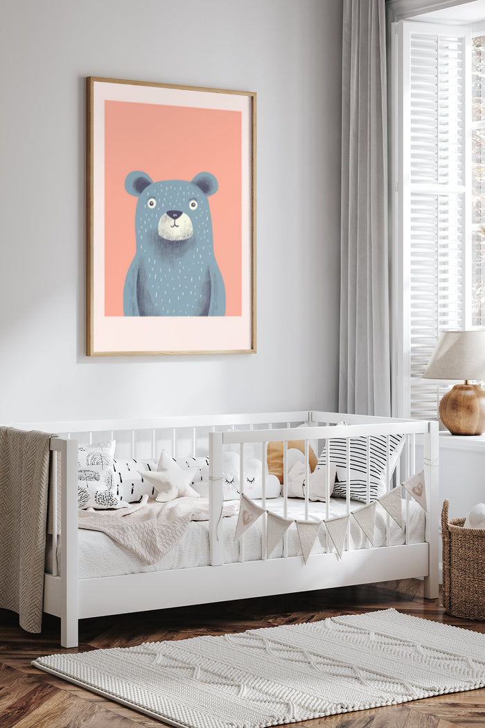 Stylish cartoon bear artwork poster hanging in a modern nursery room interior