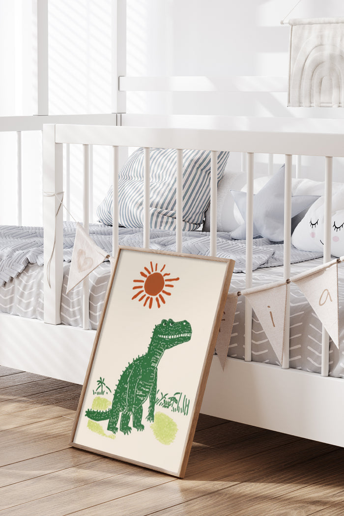 Cartoon dinosaur with sun design poster for kids' bedroom decoration