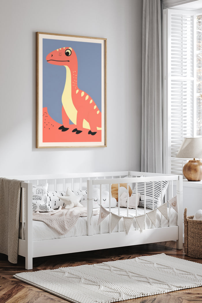 Cartoon dinosaur artwork poster displayed in a modern nursery room