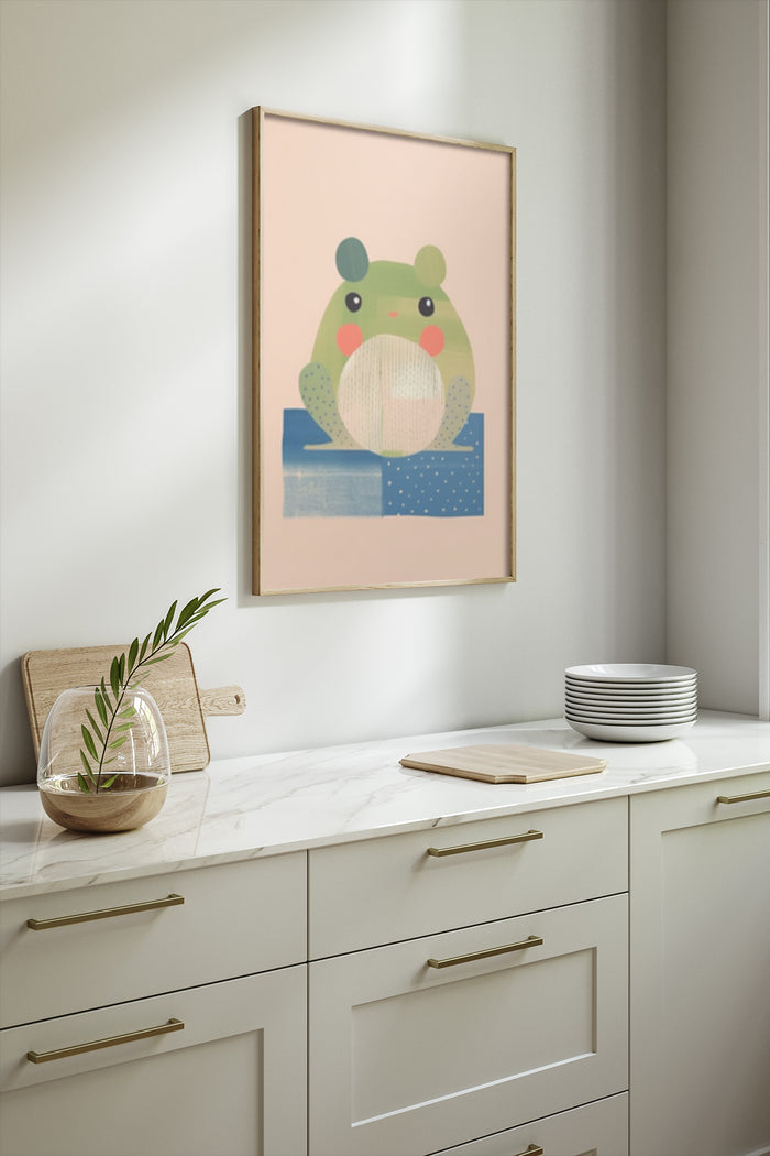 Cute cartoon frog poster in a modern kitchen setting, perfect for home decor and nursery artwork