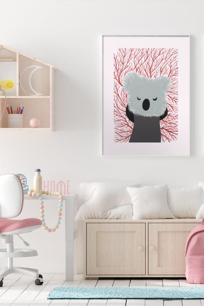 Contemporary wall art featuring a cute cartoon koala with coral branches