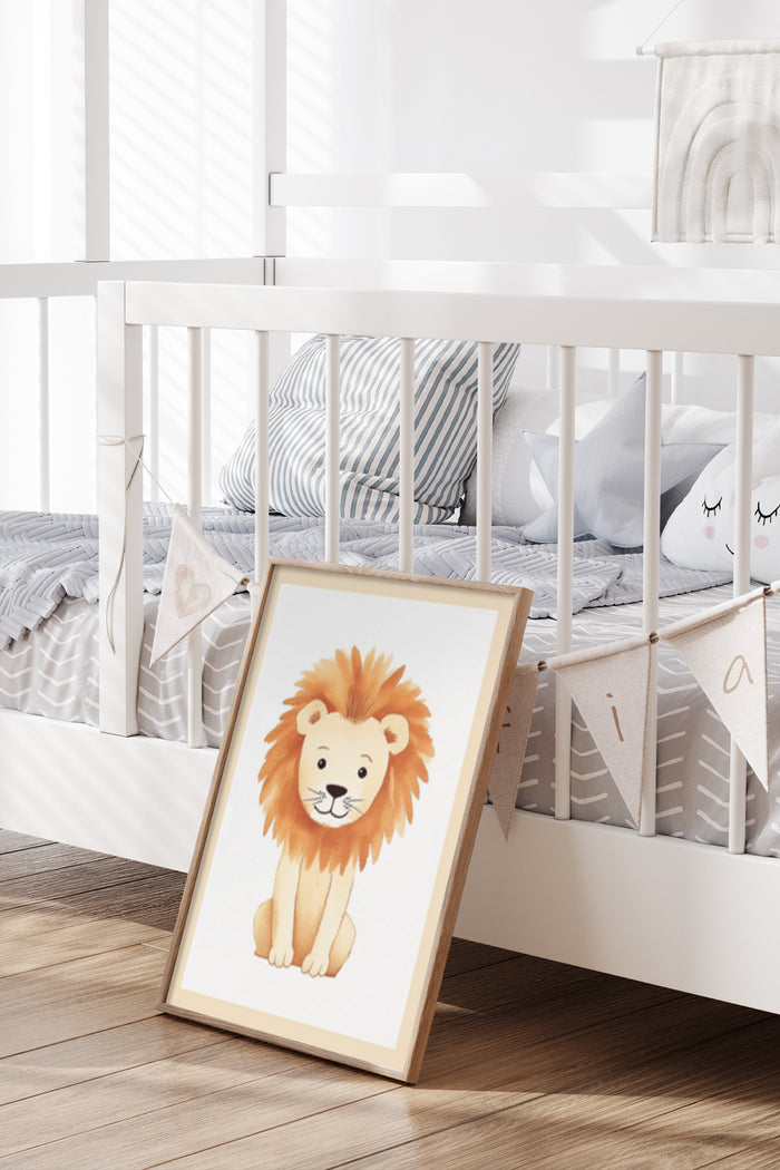 Cute cartoon lion poster displayed in a modern children's bedroom interior design