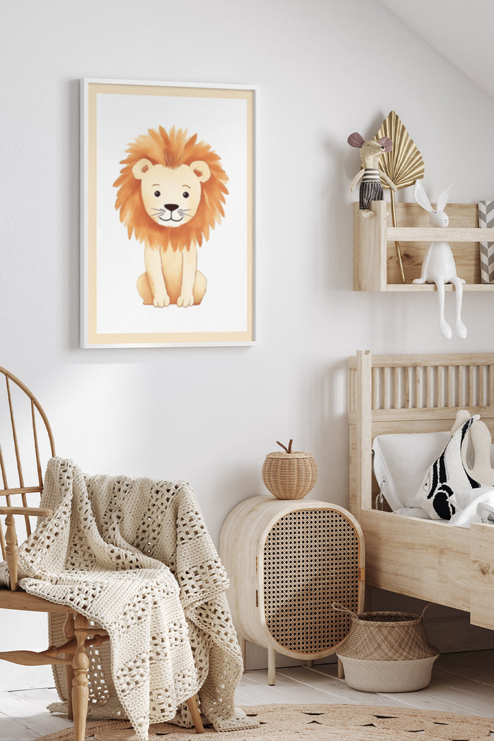 Adorable cartoon lion poster framed on a nursery room wall