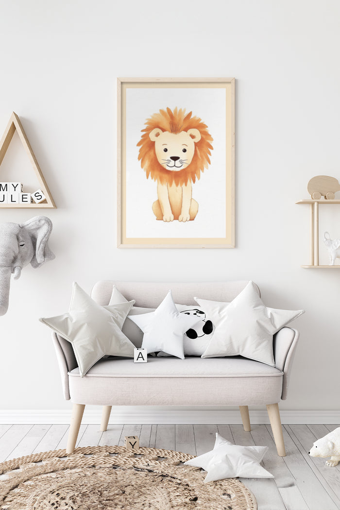 Adorable cartoon lion poster framed on a nursery room wall amongst children's decor