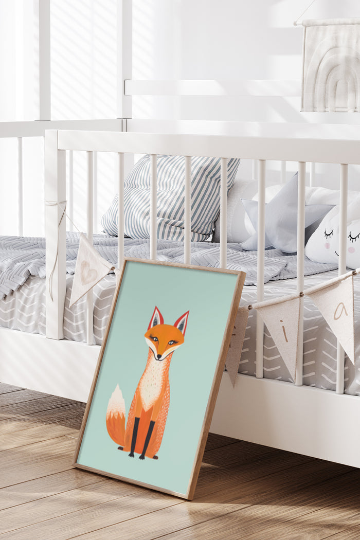 Stylish children's nursery room with a cute fox illustration poster leaning against the crib