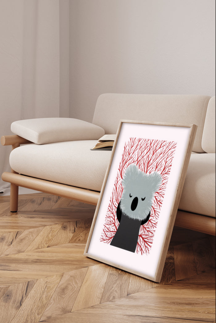 Cartoon koala poster framed in a contemporary living room setting