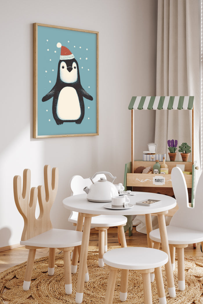 Cute Penguin with Christmas Hat Poster Art for Kids Room Decoration