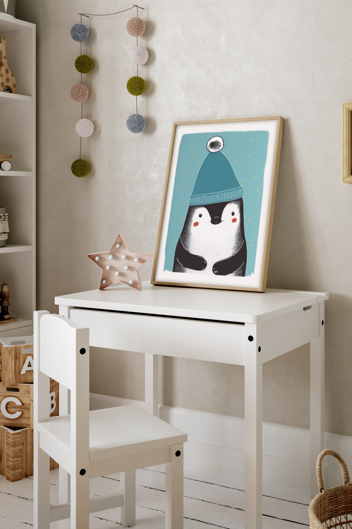 Adorable cartoon penguin with winter hat illustration in a children's room decor setting