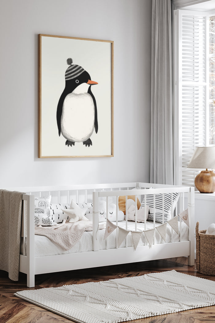 Illustration of a cute penguin with a winter hat, framed poster in a cozy child's bedroom setting