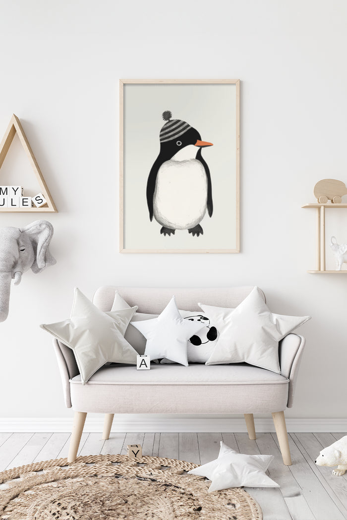 Cute penguin with hat poster on wall above stylish sofa in a modern children's room interior