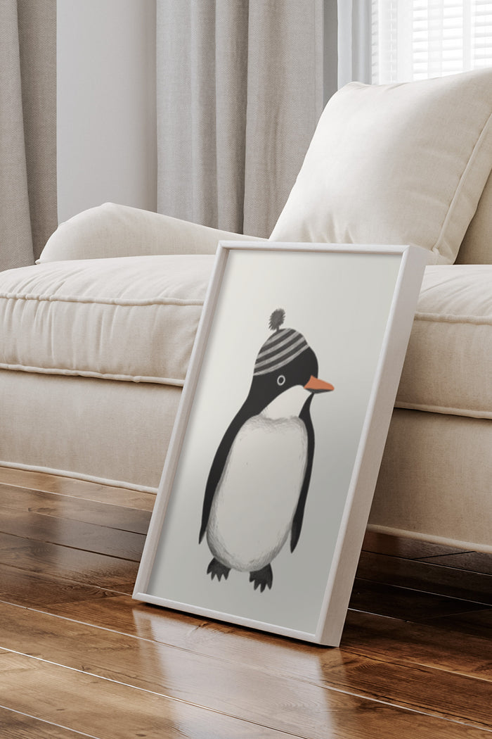 Cute cartoon penguin with hat poster framed in home interior setting