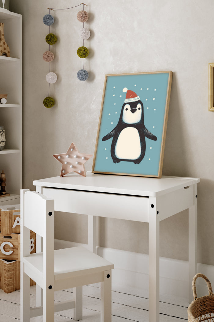 Illustrated cute penguin with winter hat poster in a children's room setting
